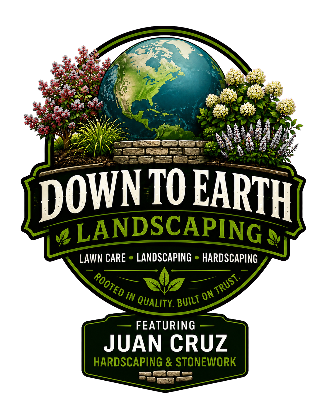 Down To Earth Landscaping logo featuring Juan Cruz Hardscaping and Stonework.