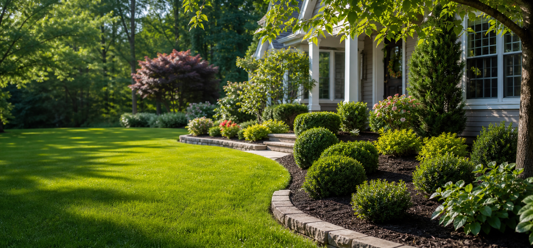 Freshly landscaped South Jersey home with lawn, shrubs, mulch, and stone edging.
